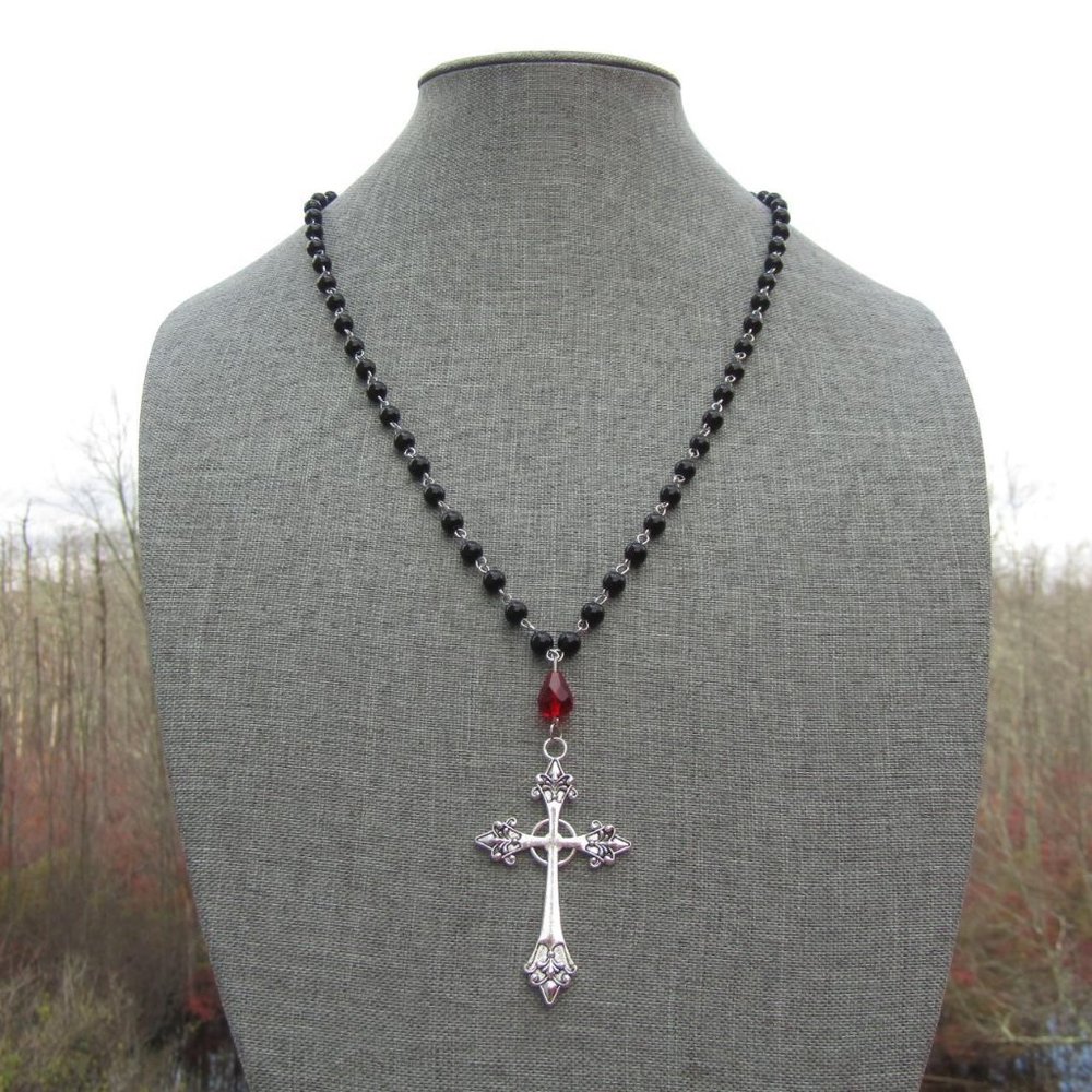 Mallgoth Glam Chunky Cross on Black Beaded Rosary Inspired Necklace Blood Red